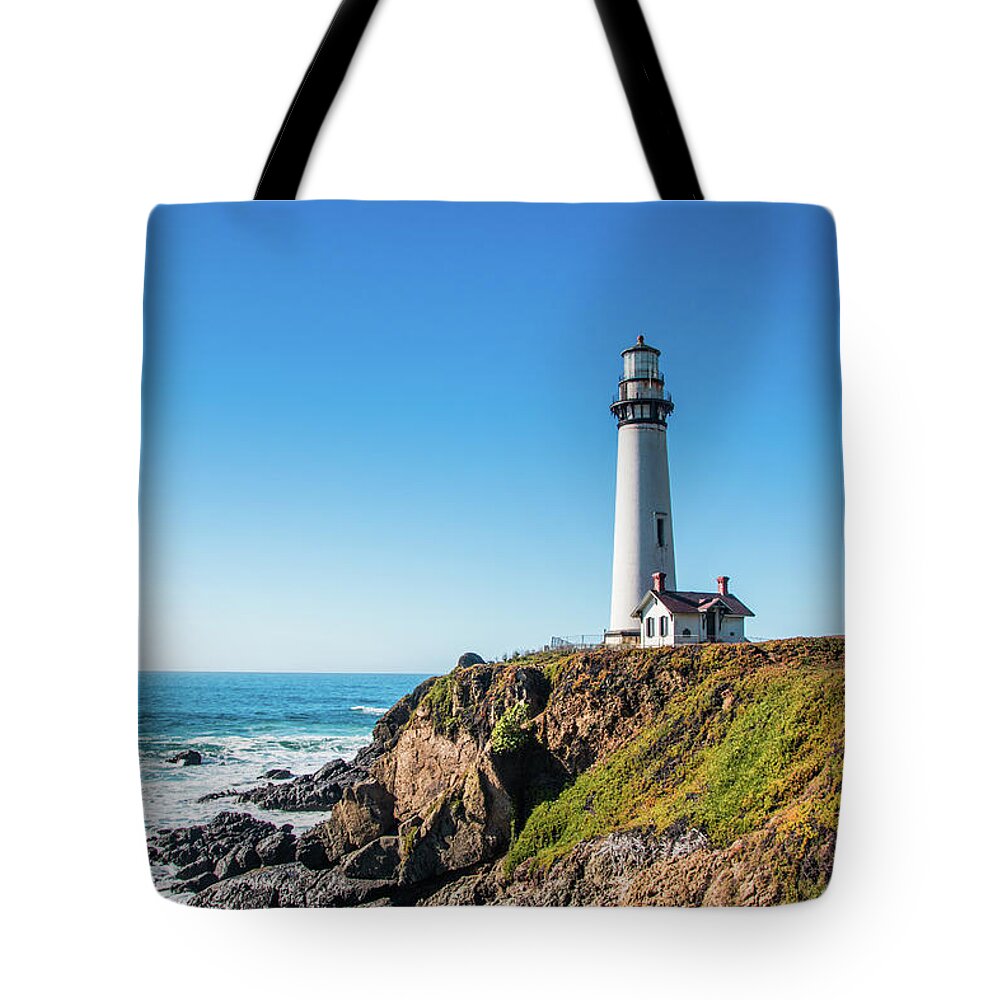 Coastline Tote Bag featuring the photograph Pigeon Point Lighthouse on highway No. 1, California by Amanda Mohler