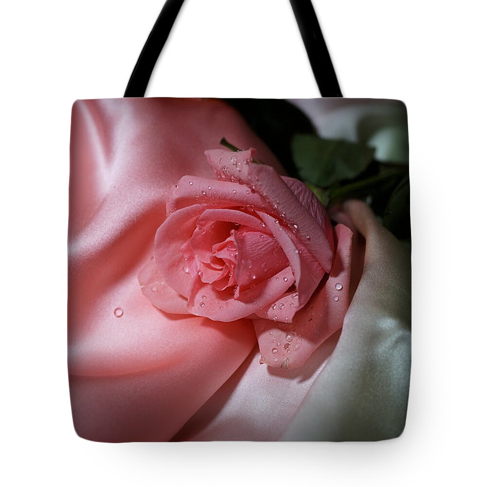Rose Tote Bag featuring the photograph Pink Rose on the silk #1 by Lilia S