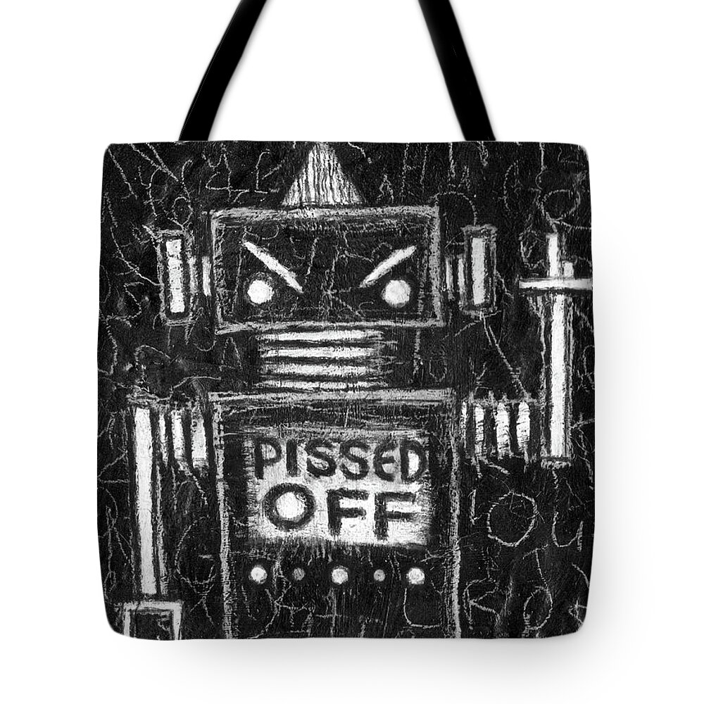 Robot Tote Bag featuring the drawing Pissed Off Bot by Roseanne Jones