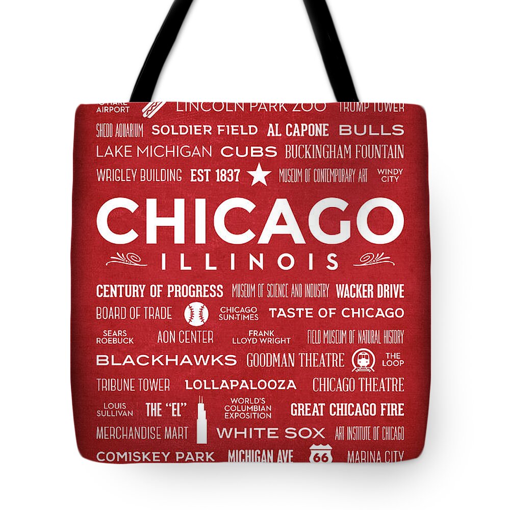 Chicago Tote Bag featuring the digital art Places of Chicago on Red Chalkboard by Christopher Arndt