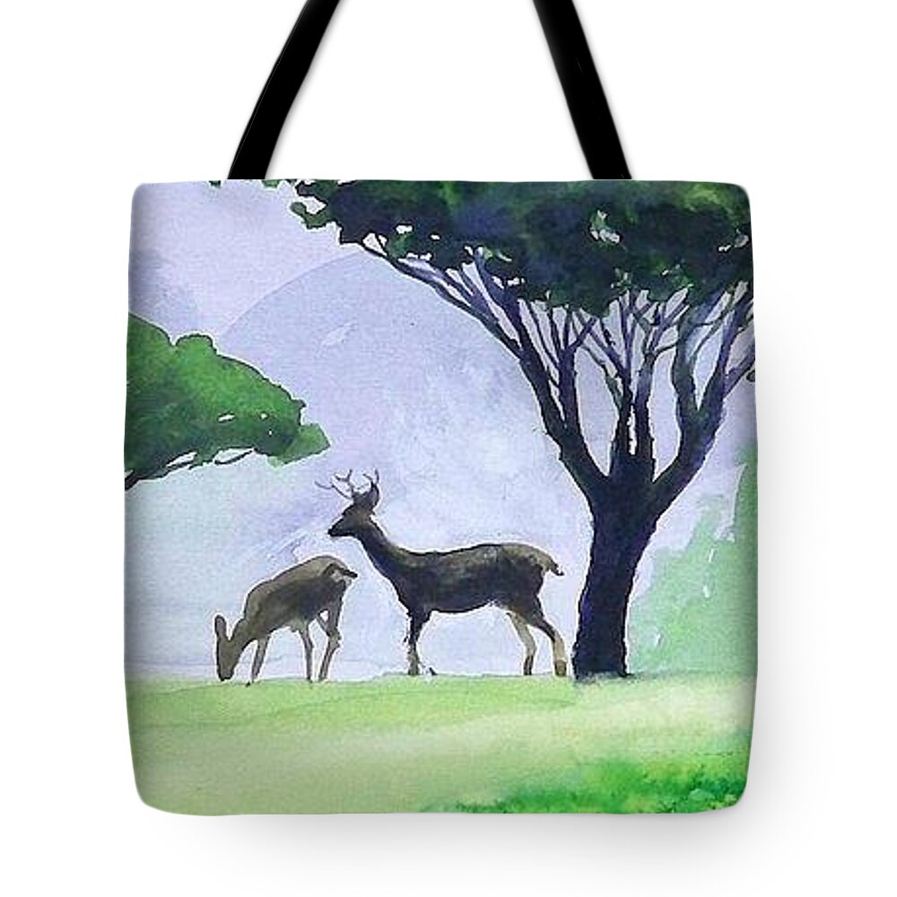 Outdoors Ocean Trees Deer Weather Travel Tote Bag featuring the painting Point Lobos #2 by Ed Heaton