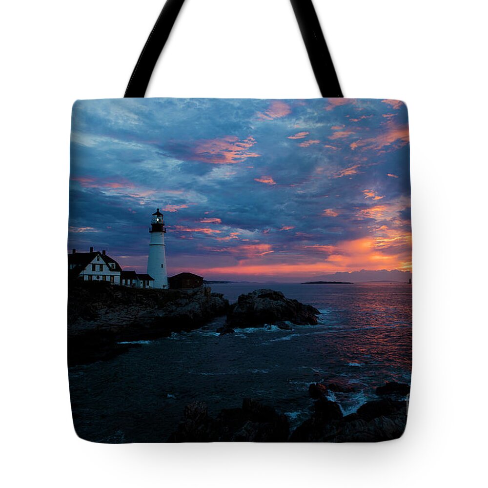Lighthouse Tote Bag featuring the photograph Portland Head Light at Sunrise #1 by Diane Diederich