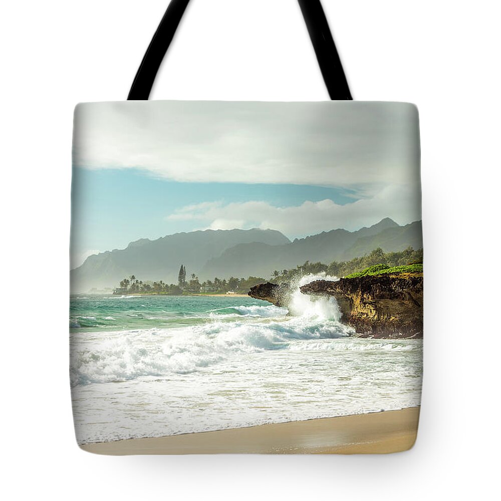 Aqua Tote Bag featuring the photograph Pounders Beach 1 #1 by Leigh Anne Meeks