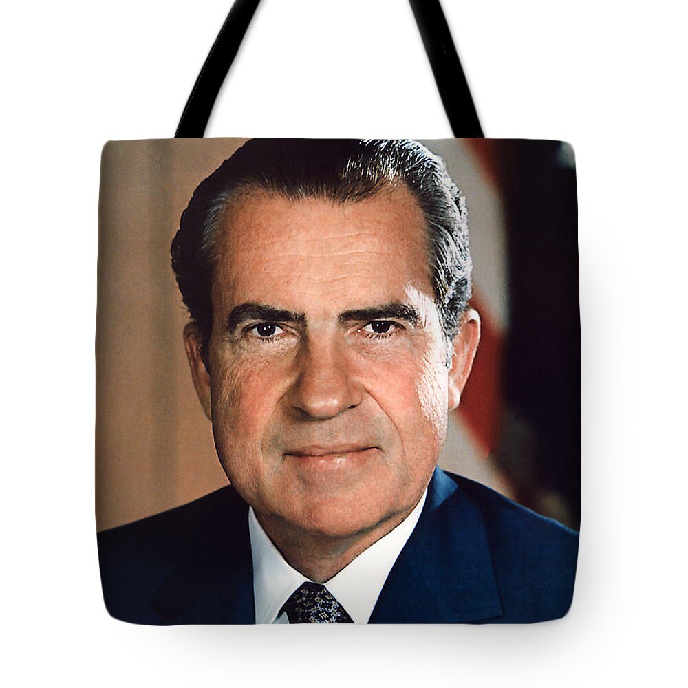 President Nixon Tote Bag featuring the photograph President Richard Nixon Portrait #1 by War Is Hell Store