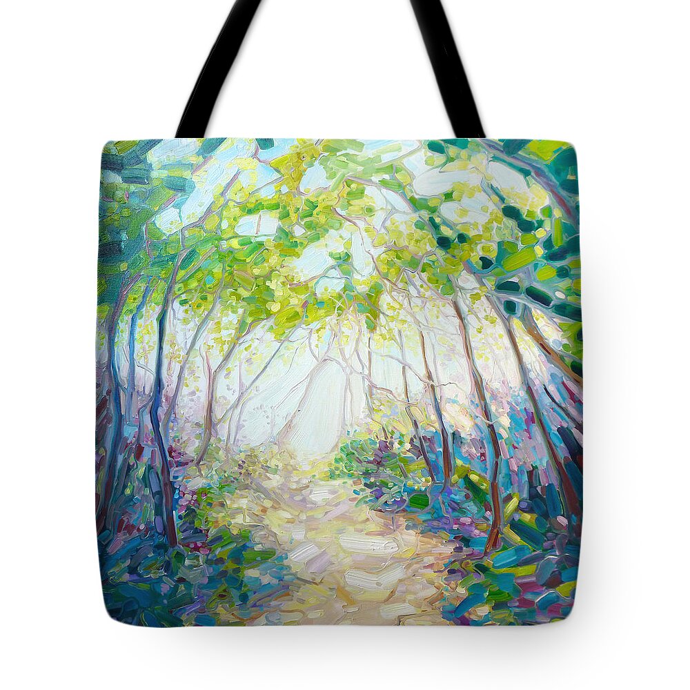 Woodland Path Tote Bag featuring the painting Promise Of Spring - A Woodland Path #1 by Gill Bustamante