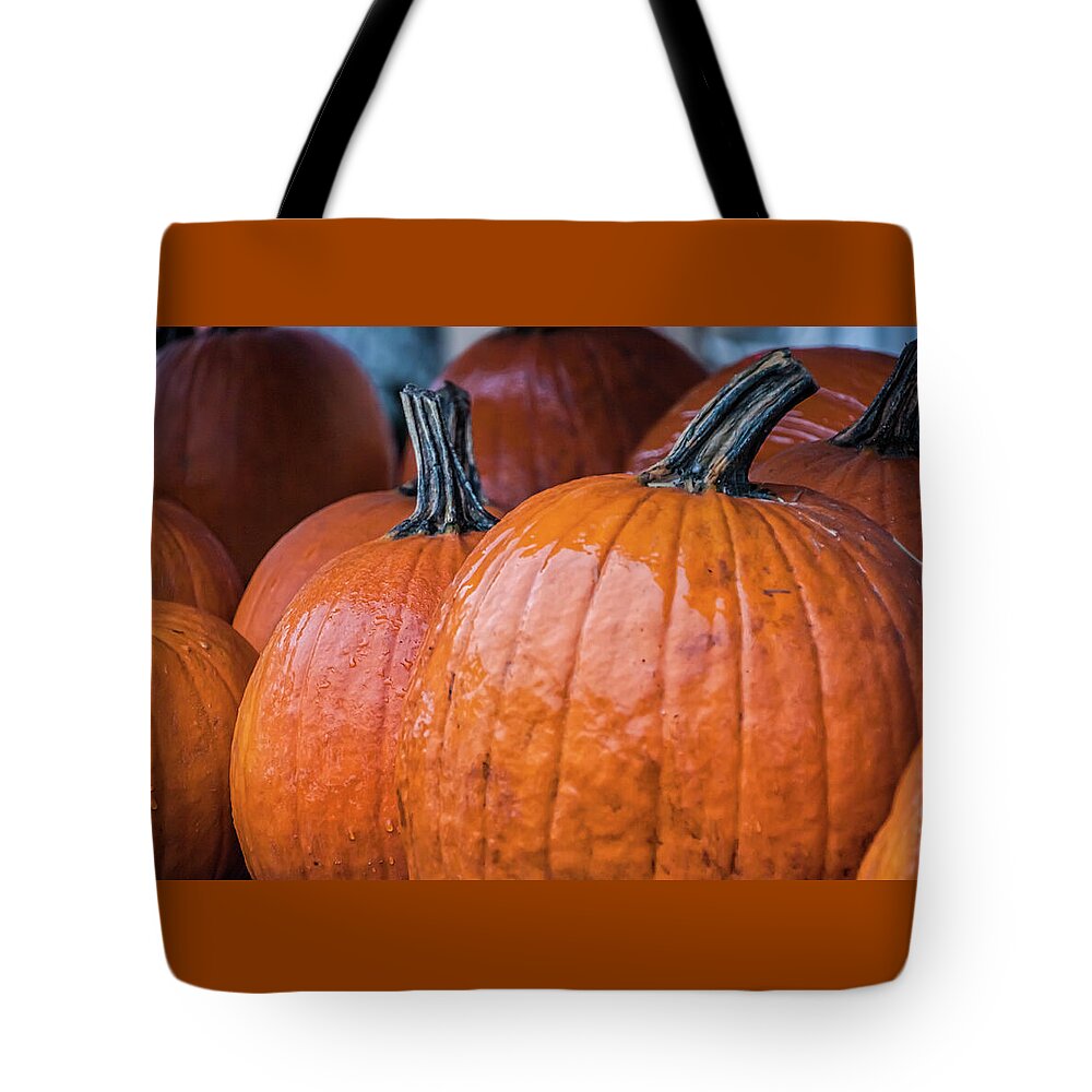 Pumpkins Tote Bag featuring the photograph Pumpkins in Rain - by Julie Weber