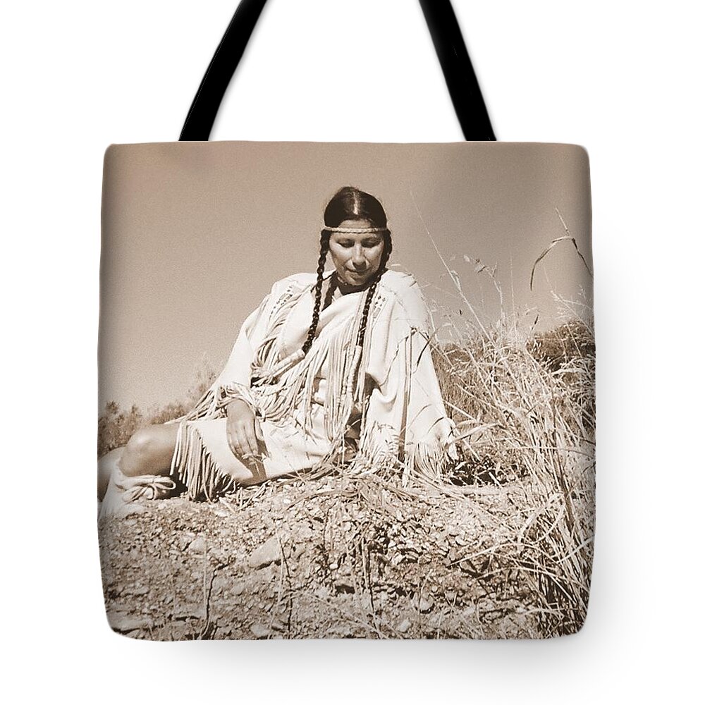 Indian Buckskins Sad Braids Native American Tote Bag featuring the photograph Quiet Time - Sepia #1 by Cindy New