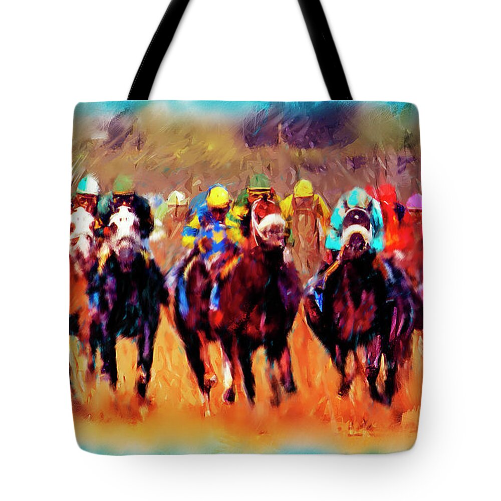 Kentucky Derby Tote Bag featuring the digital art Race to the finish #1 by Ted Azriel