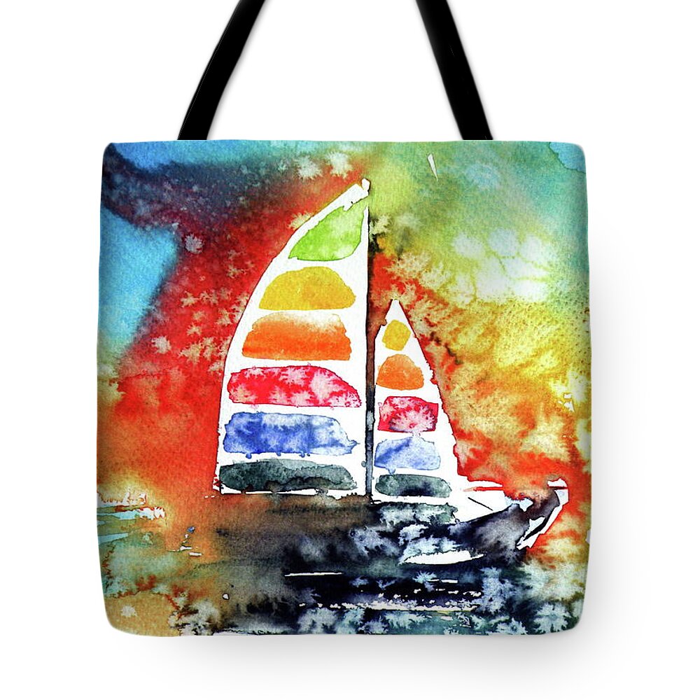 Sailboat Tote Bag featuring the painting Rainbow sailboat at sunset #1 by Kovacs Anna Brigitta