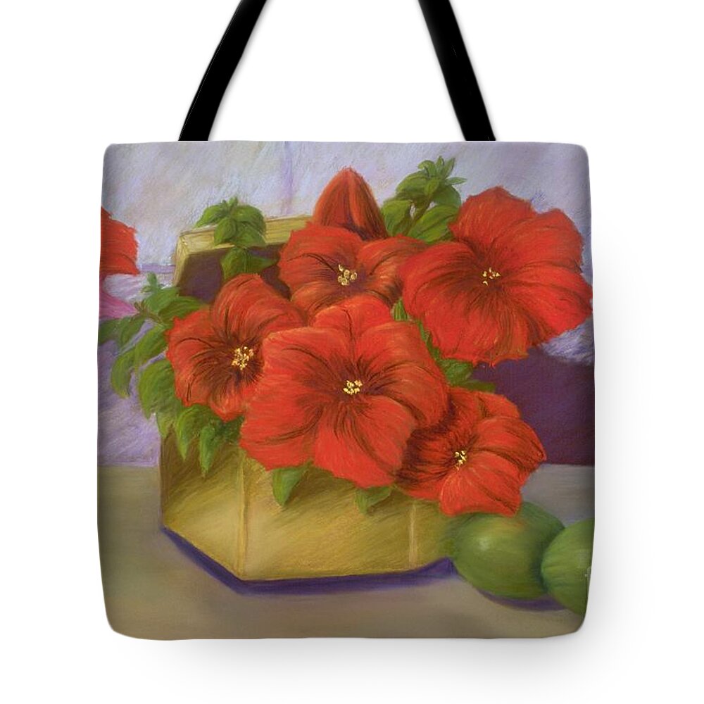 Flowers Tote Bag featuring the painting Red Petunias in a Brass Box by Mary Erbert