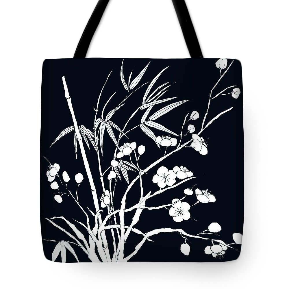 Red Plum Flower And Bamboo Tote Bag featuring the mixed media Red Plum Flower And Bamboo #1 by Color Color