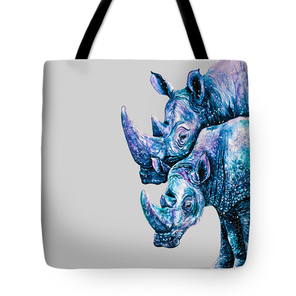 Rhinoceros Tote Bag featuring the painting Rhinoceros Couple #1 by Zaira Dzhaubaeva