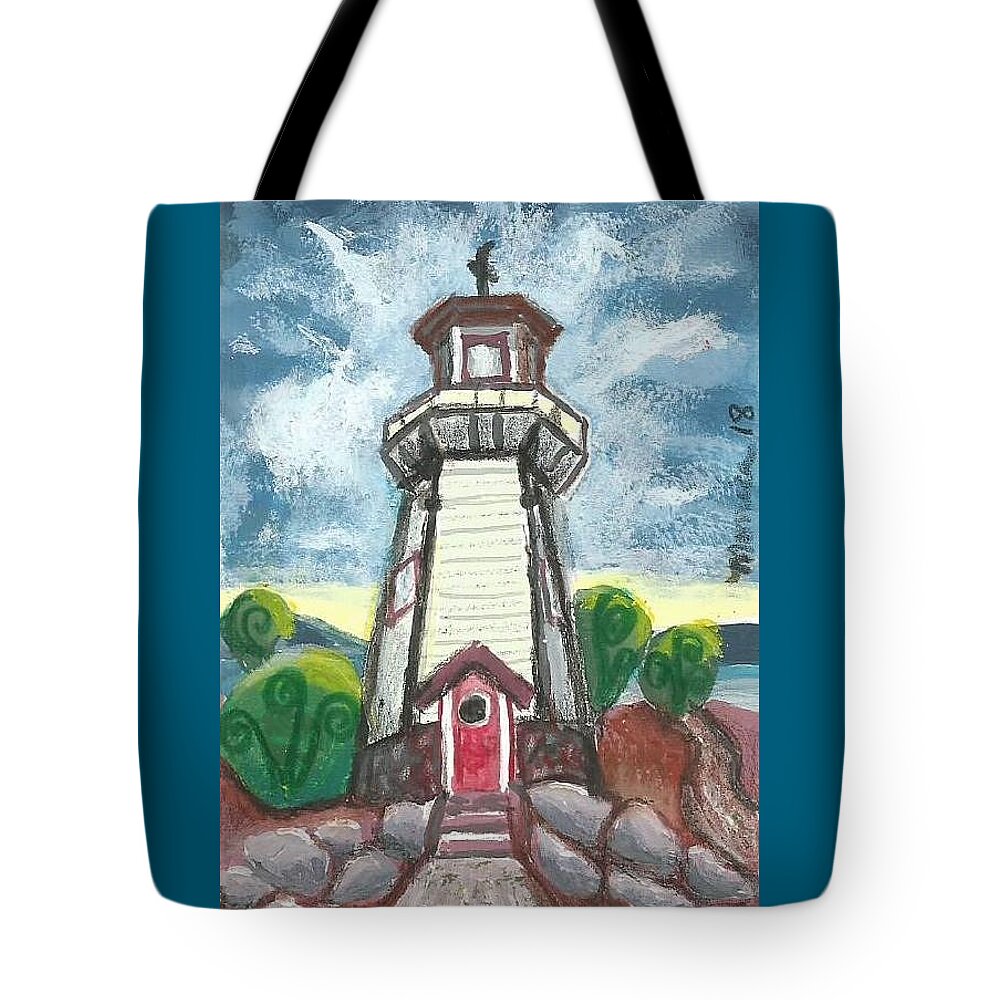 Lighthouse Tote Bag featuring the painting River Rouge Memorial Lighthouse by Monica Resinger