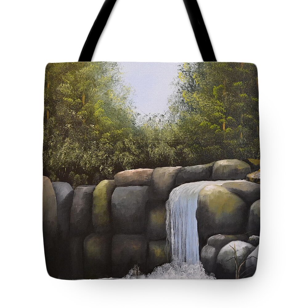 A Painting Of A Waterfalls In A Forest With Large Boulders. There Is A Blue Cloudless Sky And The Forest Trees Have Very Dense Green Leaves. The Large Boulders Are Different Colors And The Small Lake Water Is Dark In Color. Tote Bag featuring the painting Rocky Falls by Martin Schmidt