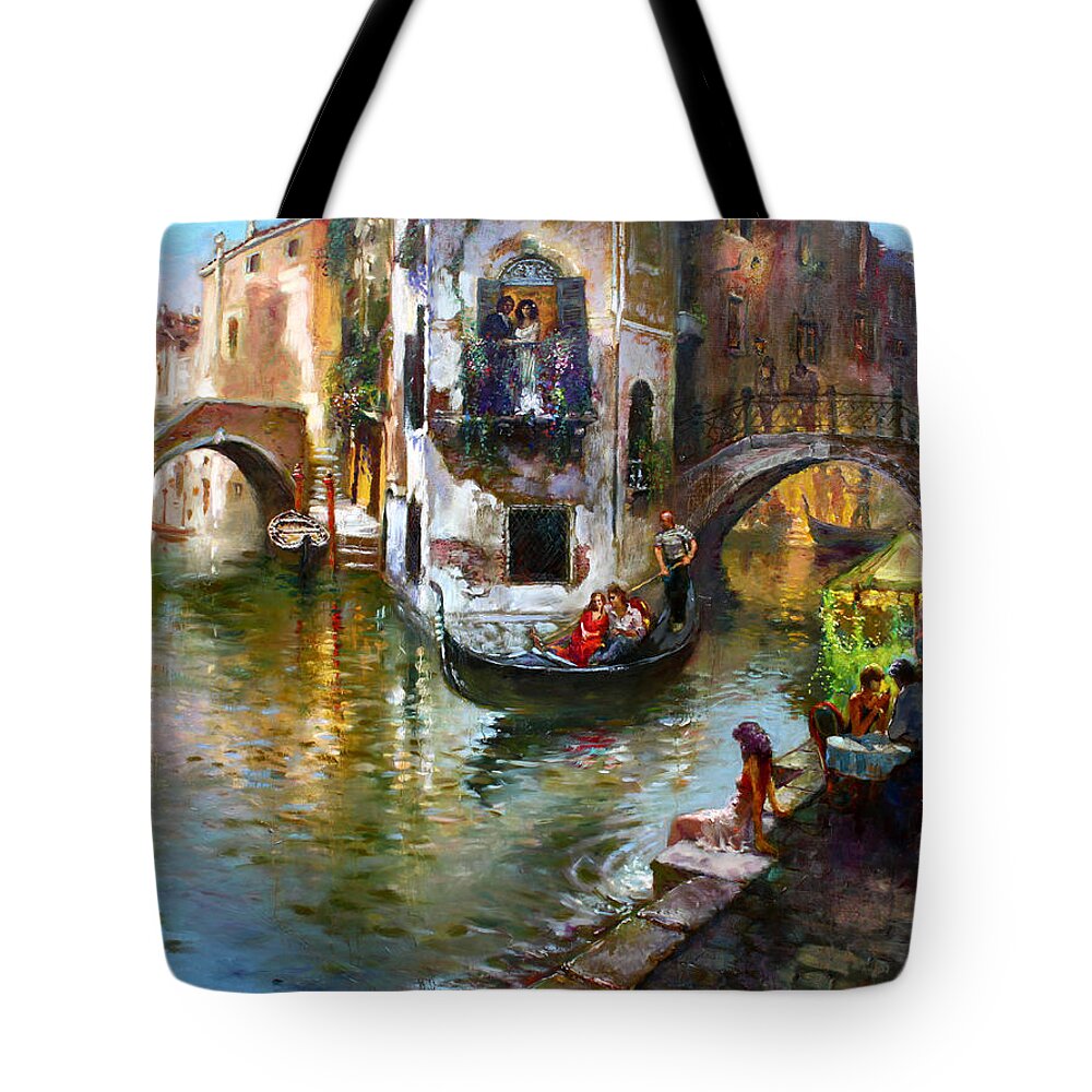 Romance In Venice Tote Bag featuring the painting Romance in Venice by Ylli Haruni