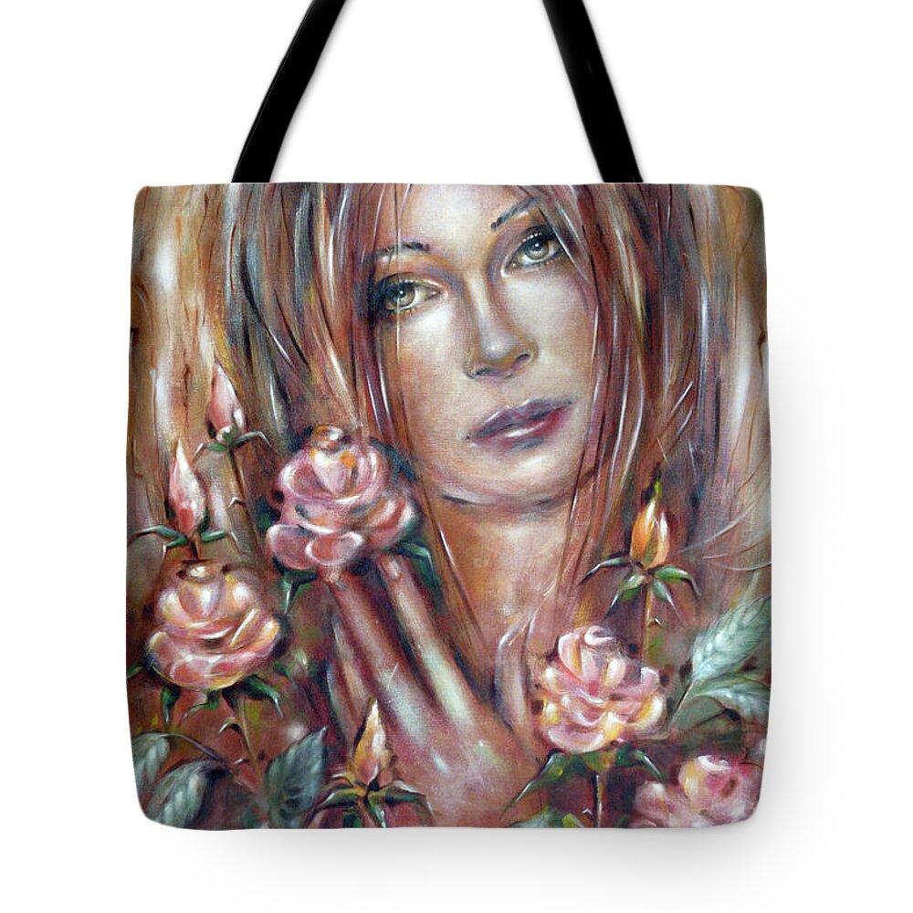 Woman Tote Bag featuring the painting Sad Venus In A Rose Garden 060609 #1 by Selena Boron