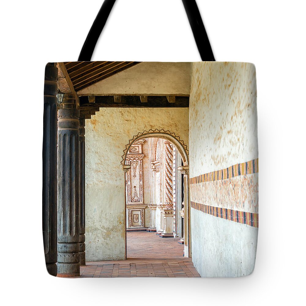 San Javier Tote Bag featuring the photograph San Javier Church Corridor #1 by Jess Kraft