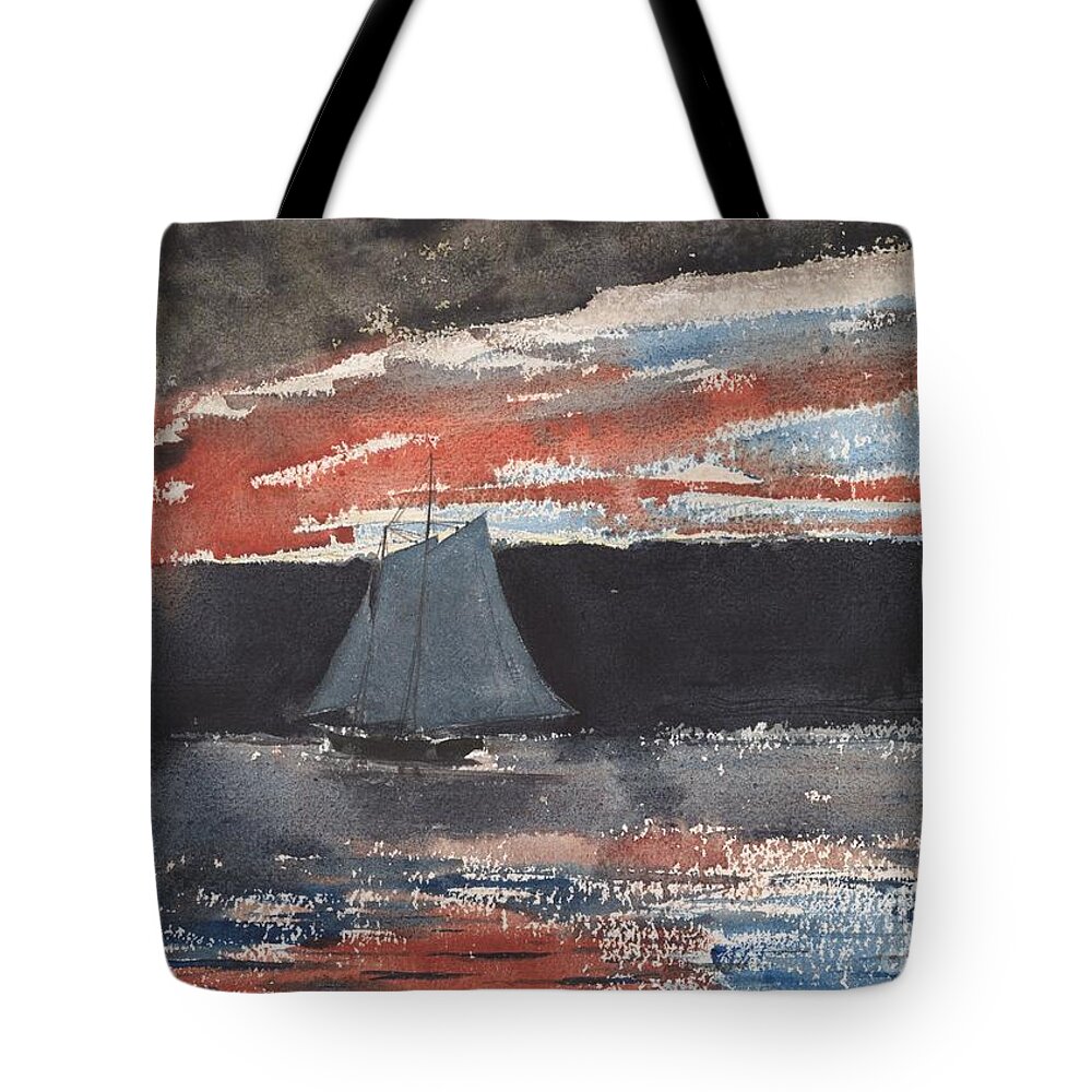 Winslow Homer Tote Bag featuring the painting Schooner at Sunset #2 by MotionAge Designs
