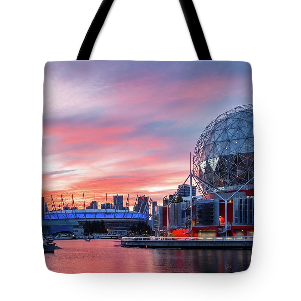Canada Tote Bag featuring the photograph Science World and BC Place Stadium at Sunset. Vancouver, BC by Rick Deacon