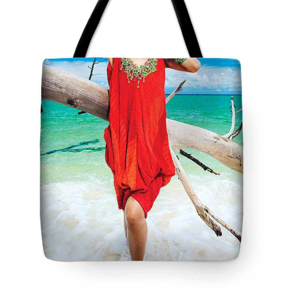 Sexy Tote Bag featuring the photograph Sexy Fashion Model Girl Posing In Paradise Exotic Tropical Beach #1 by JM Travel Photography