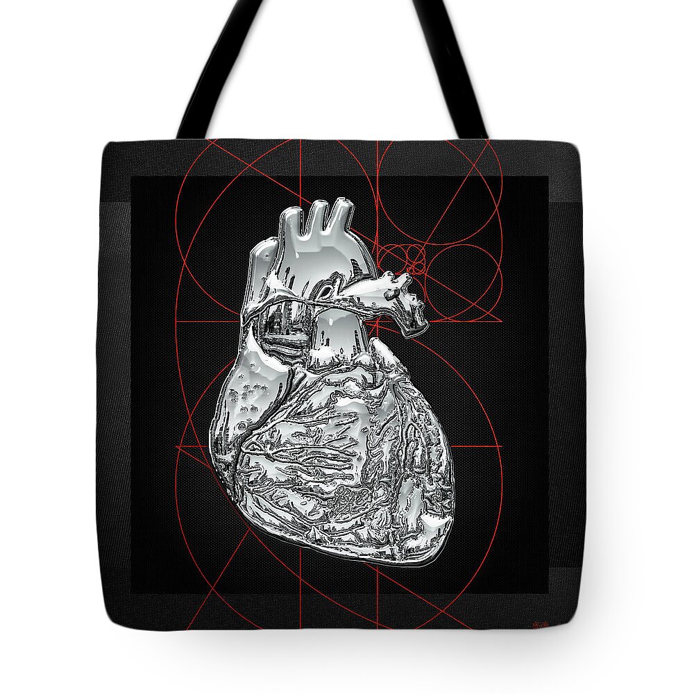 inner Workings Collection By Serge Averbukh Tote Bag featuring the photograph Silver Human Heart on Black Canvas #1 by Serge Averbukh