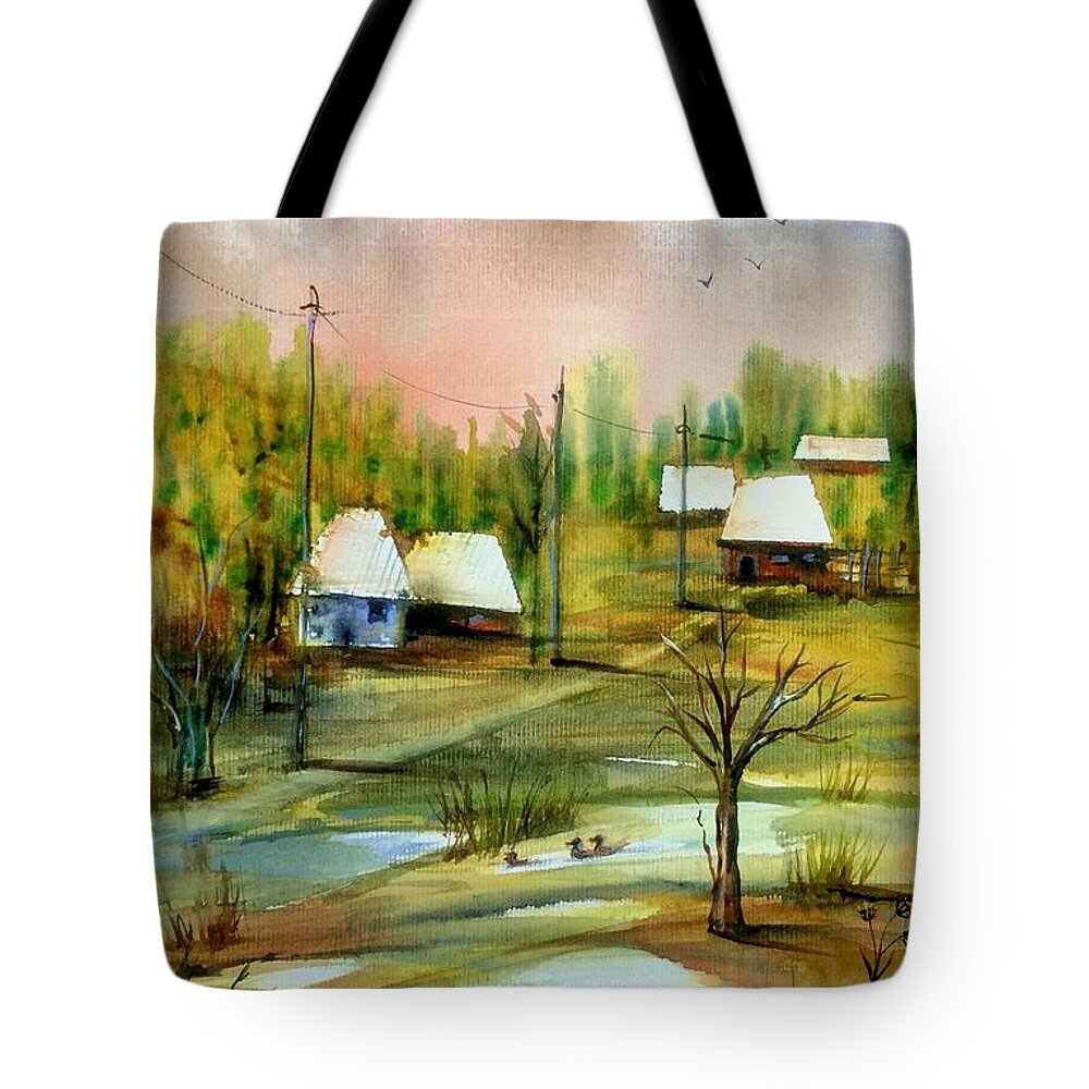 Village Tote Bag featuring the painting Sleepy village #1 by Katerina Kovatcheva
