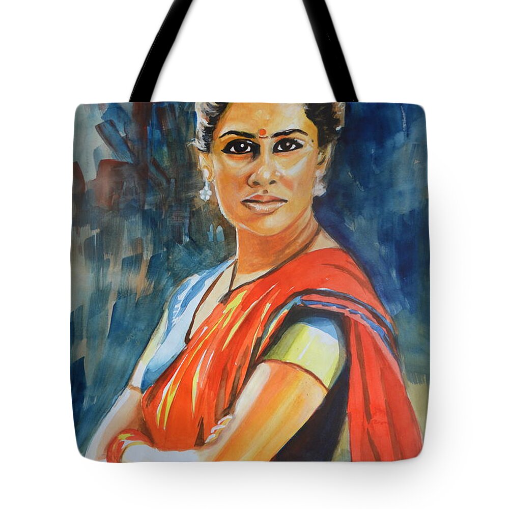 Smita Patil Watercolor Tote Bag featuring the drawing Smita #1 by Parag Pendharkar