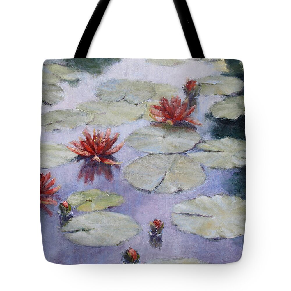 Evening Scene Tote Bag featuring the painting Smooth Sailing - Lilies In Monets Garden by L Diane Johnson