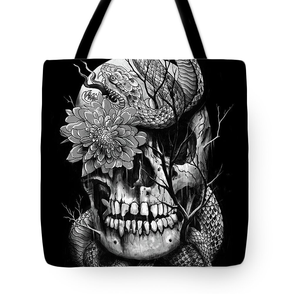 Snake Tote Bag featuring the digital art Snake and Skull by Nicebleed 