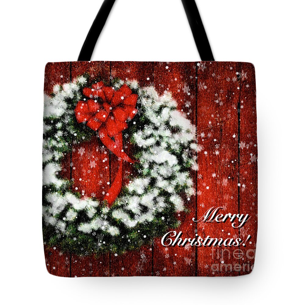 Christmas Card Tote Bag featuring the photograph Snowy Christmas Wreath Card by Lois Bryan