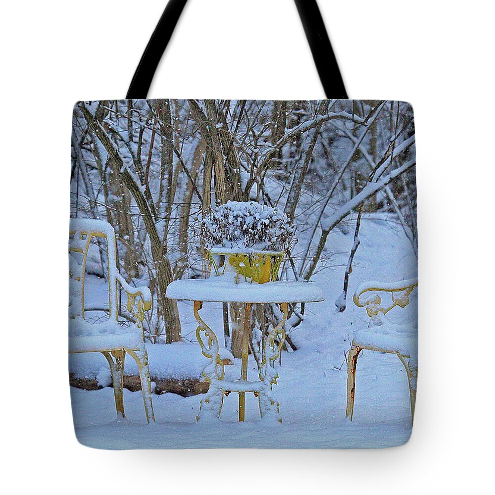 Snowy Sit A Spell Tote Bag featuring the photograph Snowy Sit a Spell by PJQandFriends Photography