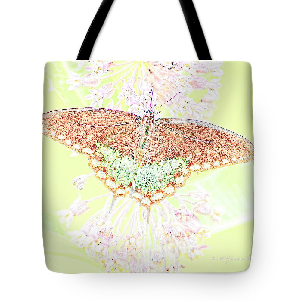 Papilio Troilus Tote Bag featuring the digital art Spicebush Butterfly on Milkweed, Animal Portrait #1 by A Macarthur Gurmankin