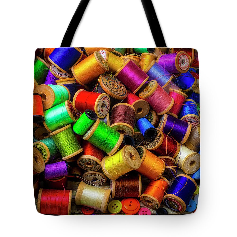 Spools Tote Bag featuring the photograph Spools Of Thread With Buttons #2 by Garry Gay