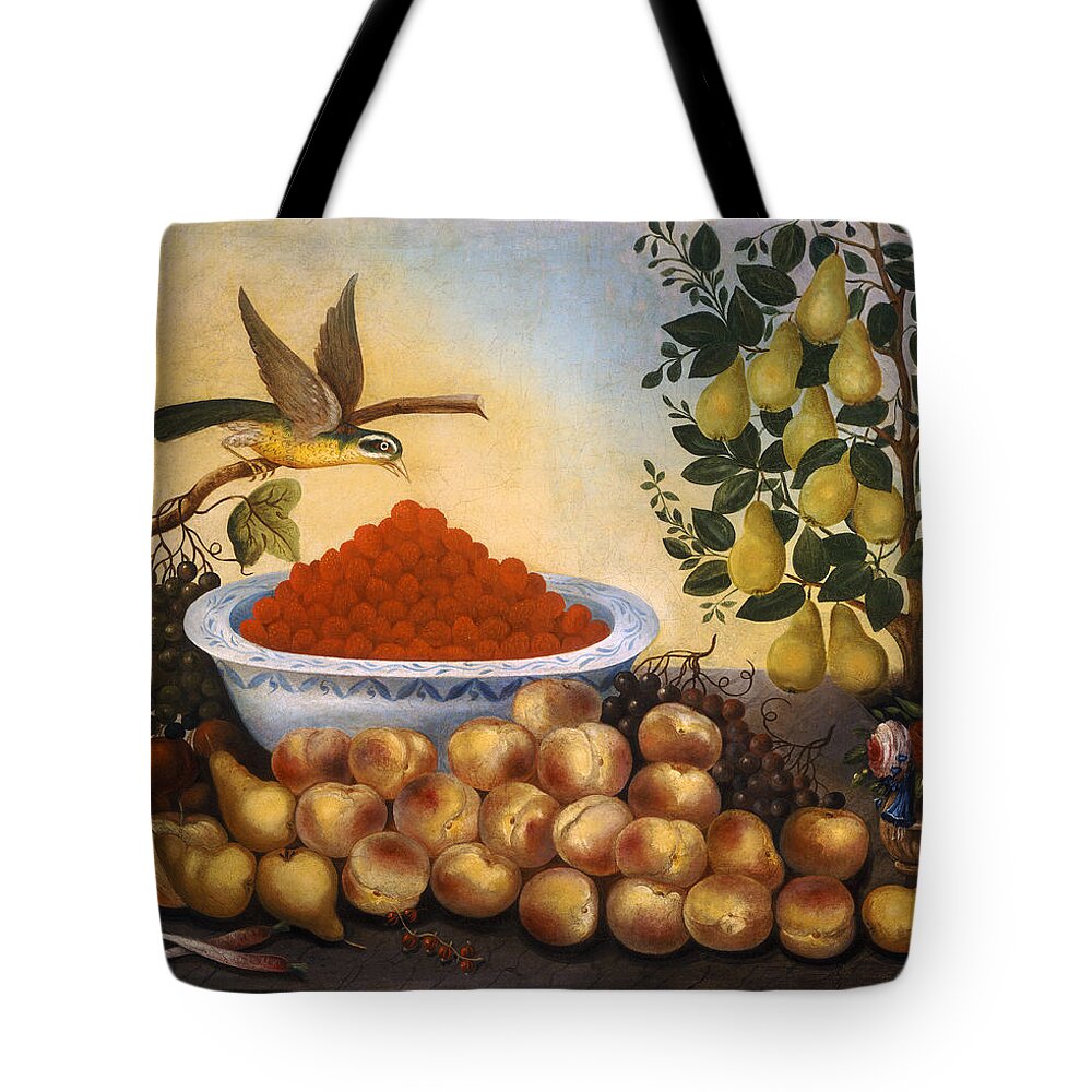 Art Tote Bag featuring the painting Still Life Fruit Bird and Dwarf Pear Tree #2 by Charles V Bond