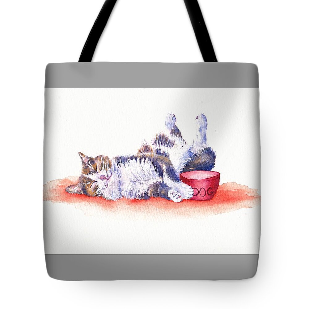 Cat Tote Bag featuring the painting Contented Cat - Stolen Lunch by Debra Hall