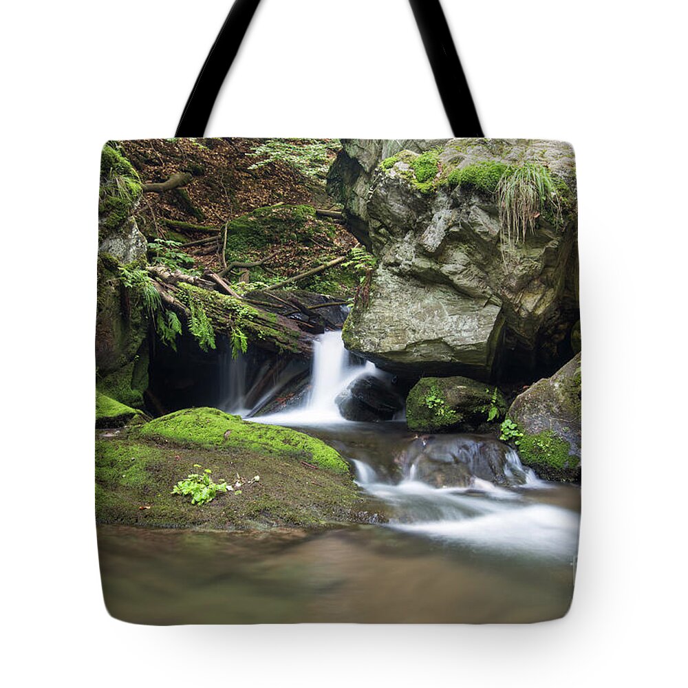 Bizarr Tote Bag featuring the photograph Stone guardian of the waterfalls - bizarre boulder on the bank #1 by Michal Boubin