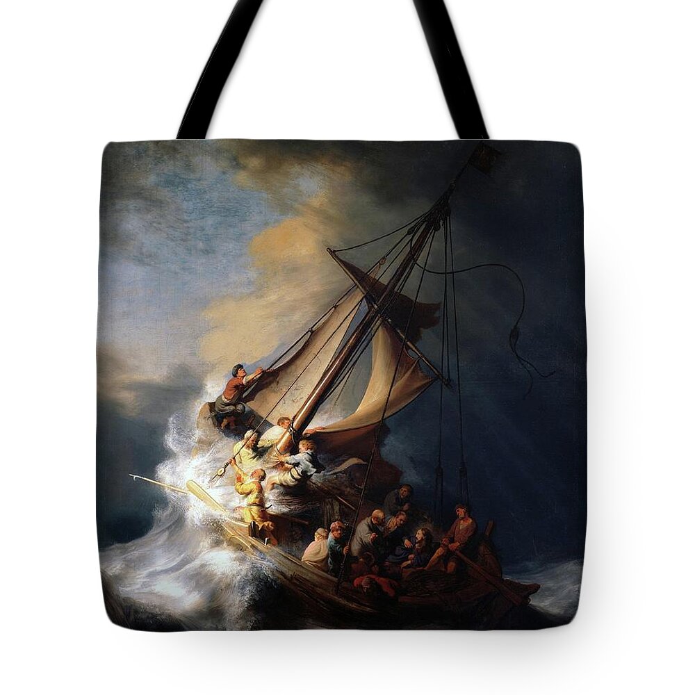 Rembrandt Tote Bag featuring the painting Storm On The Sea Of Galilee by Troy Caperton