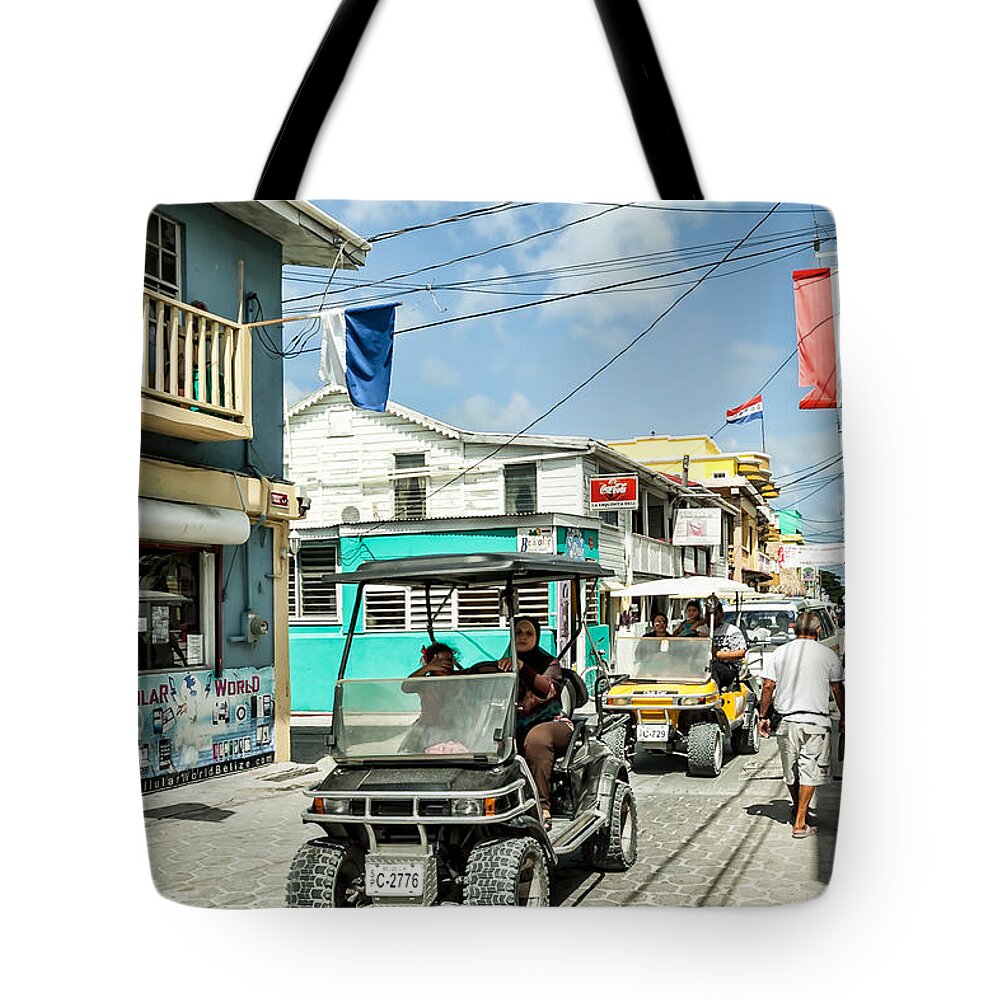 Ambergris Caye Tote Bag featuring the photograph Street Scene of San Pedro #2 by Lawrence Burry