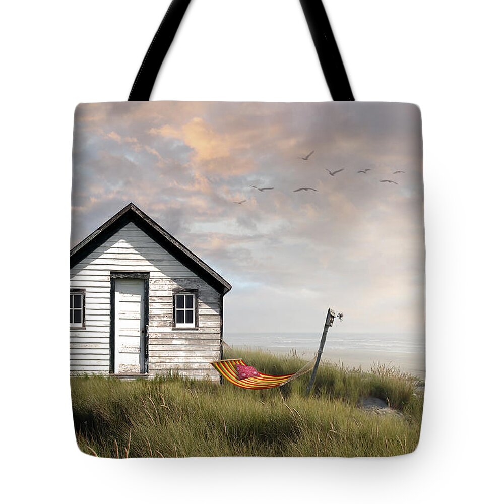 Bird; House; Birds; Houses; Blackbird; Ivy; Brick; Manor Tote Bag featuring the photograph Summer shack with hammock by the ocean #1 by Sandra Cunningham