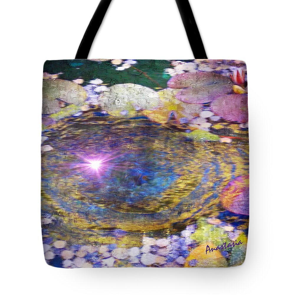 Pond Tote Bag featuring the painting Sunglint on Autumn Lily Pond II #1 by Anastasia Savage Ealy