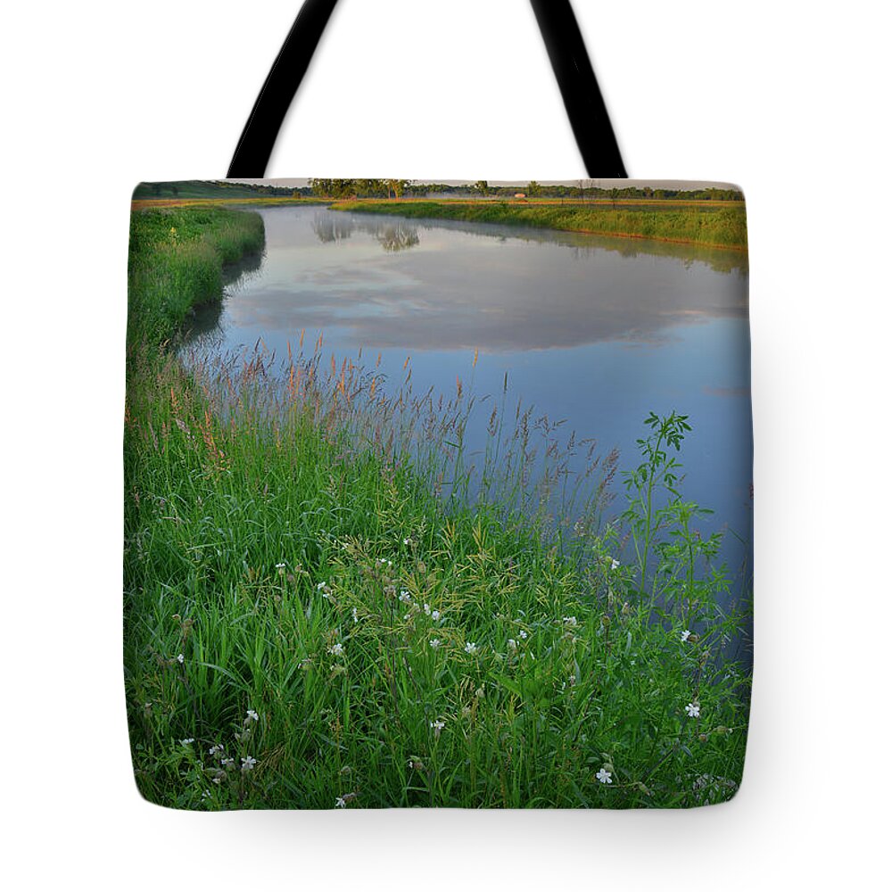 Glacial Park Tote Bag featuring the photograph Sunrise Reflection on the Nippersink in Glacial Park #1 by Ray Mathis