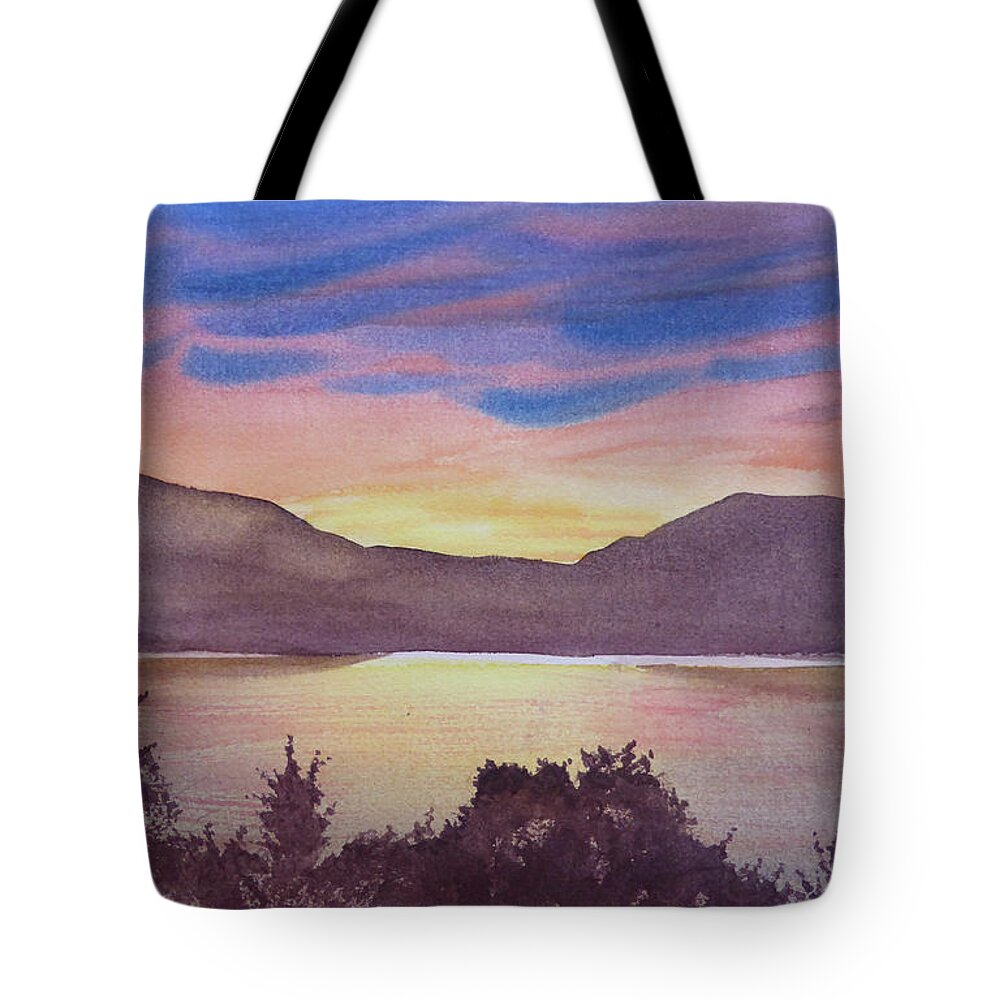 Sunsets Tote Bag featuring the painting Sunset at Woodhead Campground #1 by Joel Deutsch