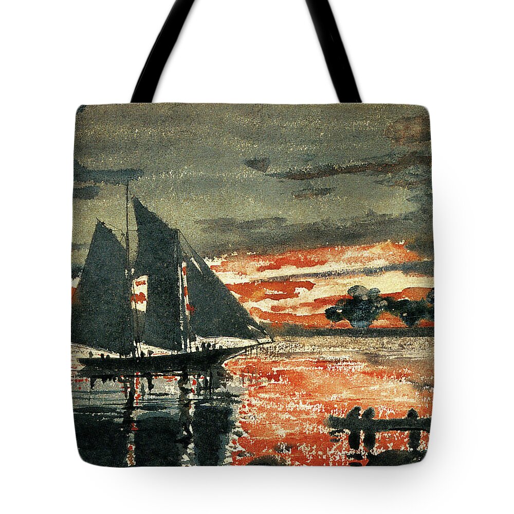 Winslow Homer (1836 –1910) 'sunset Fires' 1880 Tote Bag featuring the painting Sunset Fires #1 by Winslow Homer