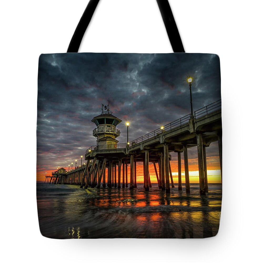 Beach Tote Bag featuring the photograph Sunset Huntington Beach Pier #1 by Peter Dang