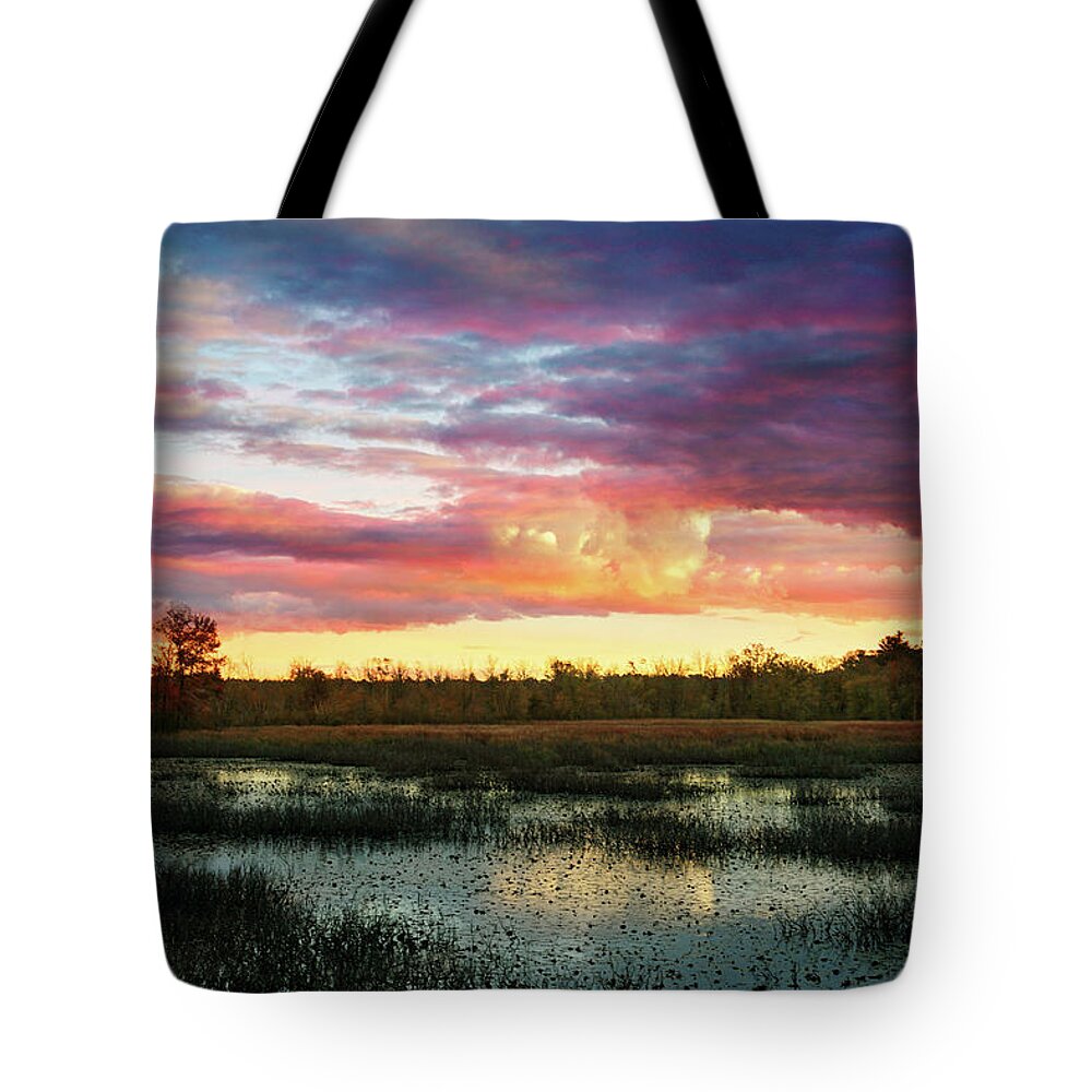 Sunset Tote Bag featuring the digital art Sunset over Ipswich river #1 by Lilia S