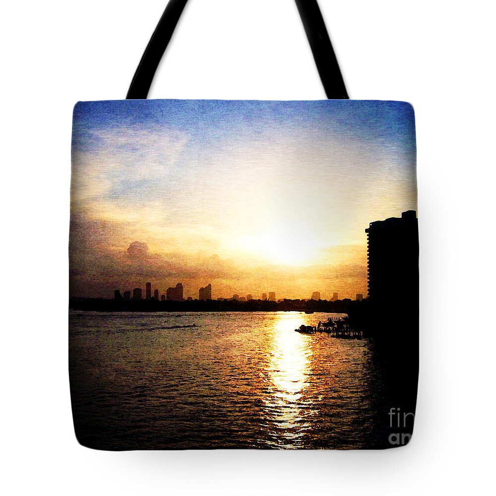Sunset Tote Bag featuring the digital art Sunset Over Miami #1 by Phil Perkins
