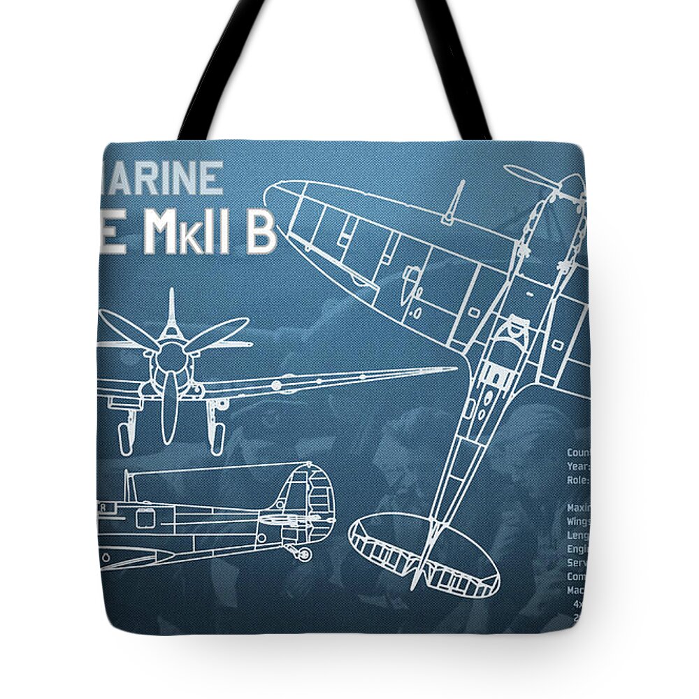 Supermarine Tote Bag featuring the digital art Supermarine Spitfire MK II Blueprint #1 by SP JE Art