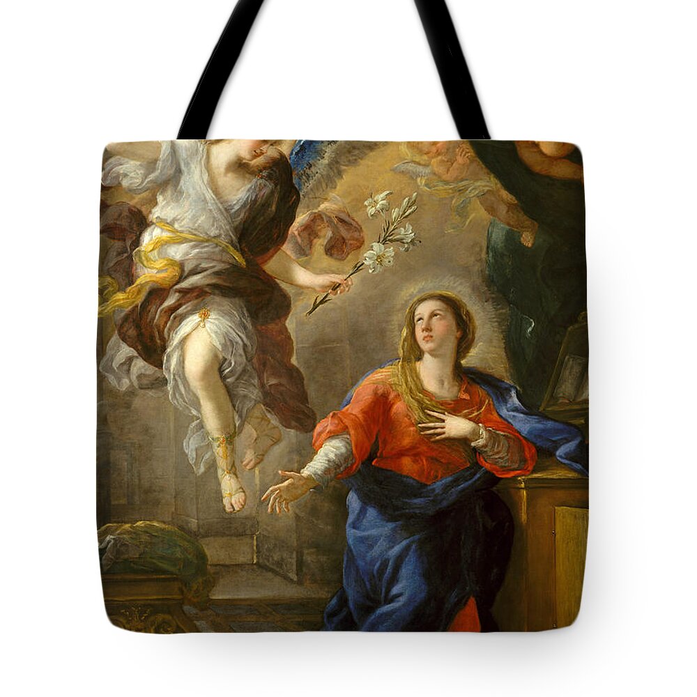 Luca Giordano Tote Bag featuring the painting The Annunciation #1 by Luca Giordano