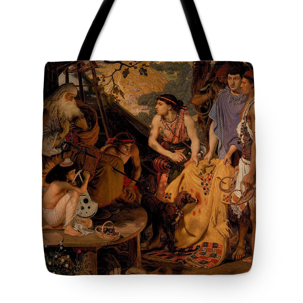 Ford Madox Brown (calais 1821-1893 London) Tote Bag featuring the painting The Coat of Many Colours by MotionAge Designs