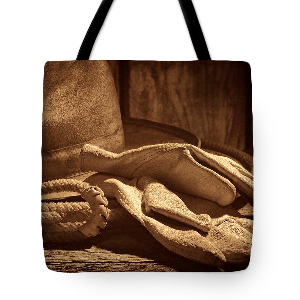 Rodeo Tote Bag featuring the photograph The Cowboy Gloves by American West Legend By Olivier Le Queinec